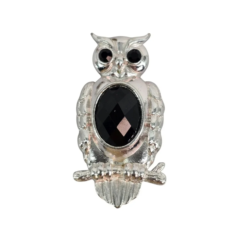 Silver Tone Owl Brooch with Large Black Faceted Gemstone and Black Eyes 2 Inch